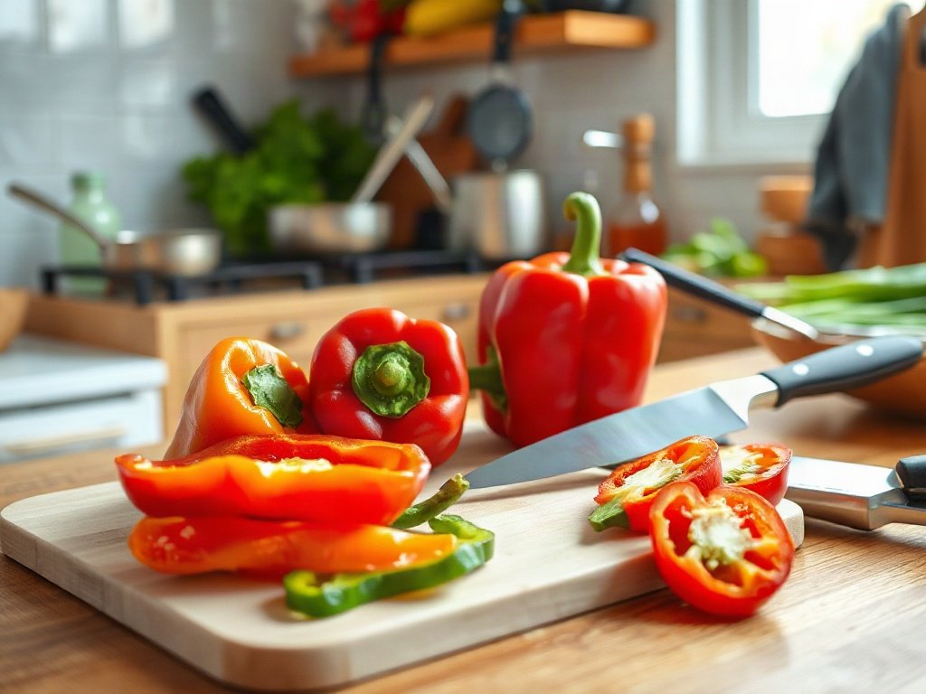 Bước 6: Thái ớt chuông đỏ và xanh