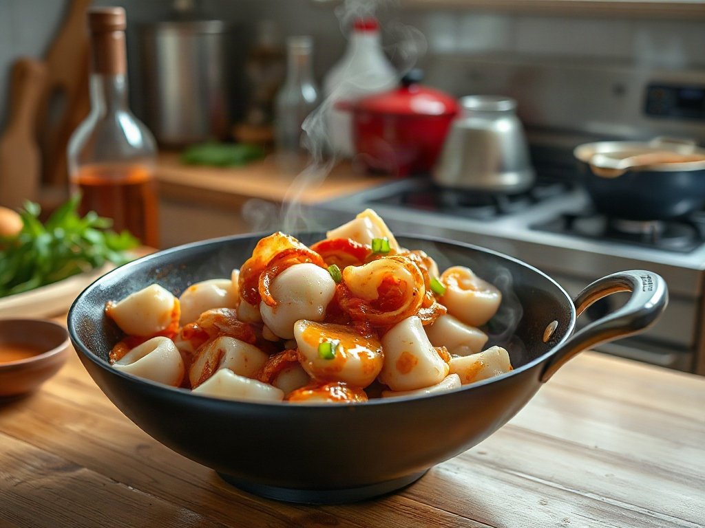 Bước 6: xào mực với nước sốt chua ngọt - mực xào chua ngọt
