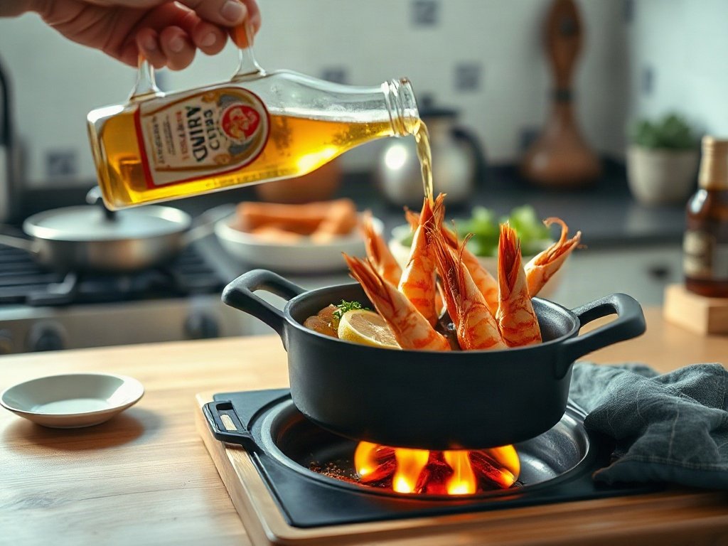 Bước 7: Đổ bia vào nồi hấp tôm cho ngấm gia vị