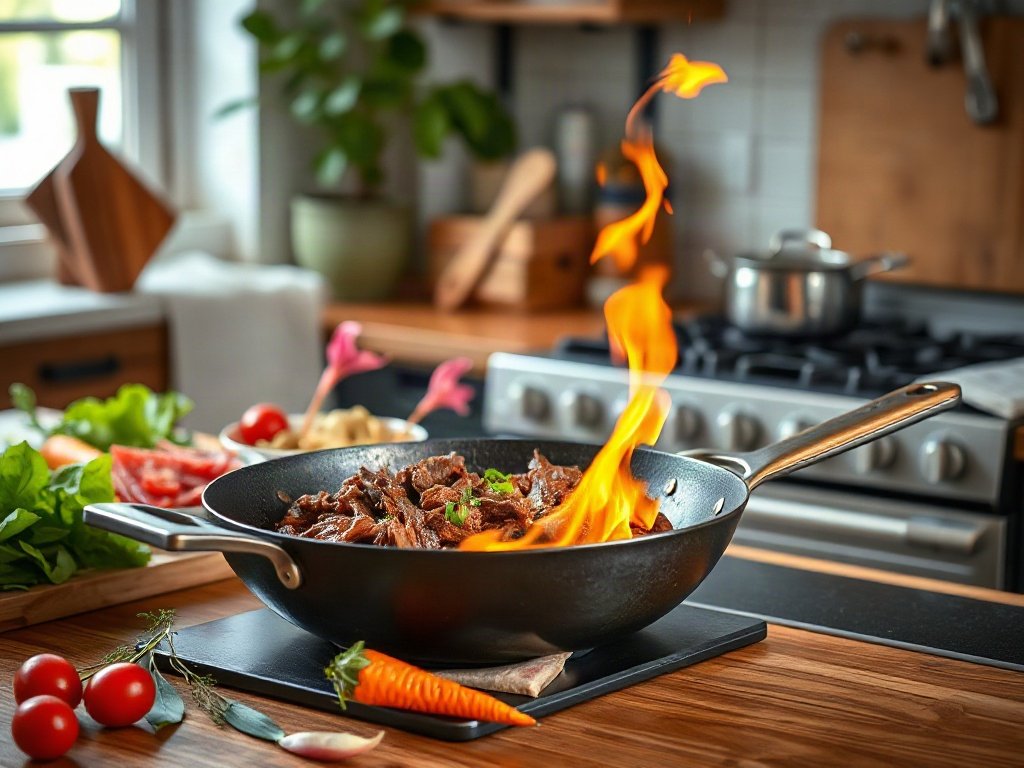Bước 7: Hoa thiên lý và bò đang sôi trong chảo - bò xào thiên lý tỏi phi