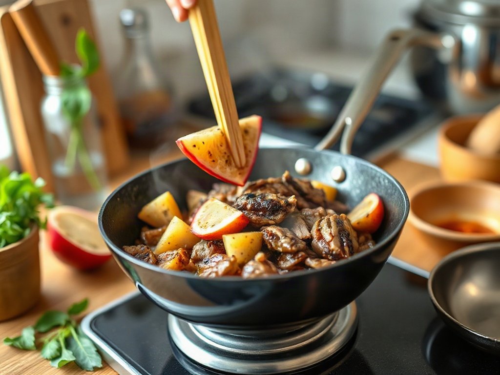 Bước 7: Thêm khế vào chảo, đảo nhanh - cách xào khế đúng