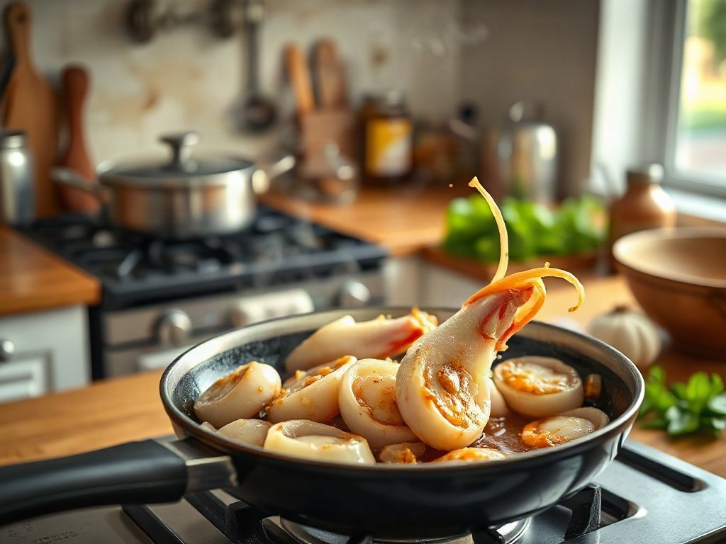 Bước 7: xào mực với tỏi trong chảo - cách làm mực xào
