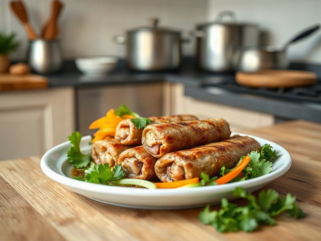 Bước 8: bày bò cuốn mỡ chài ra đĩa cùng rau