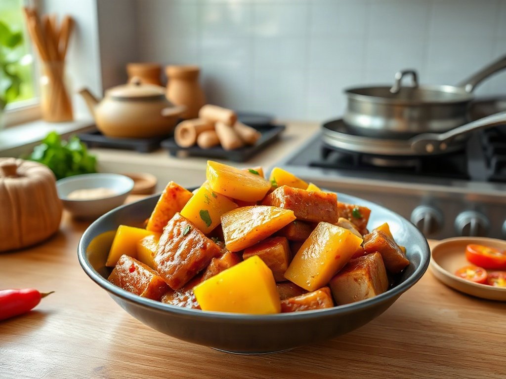 Bước 8: Xào chín khế và thịt, đậm đà vị - chọn thịt heo ngon