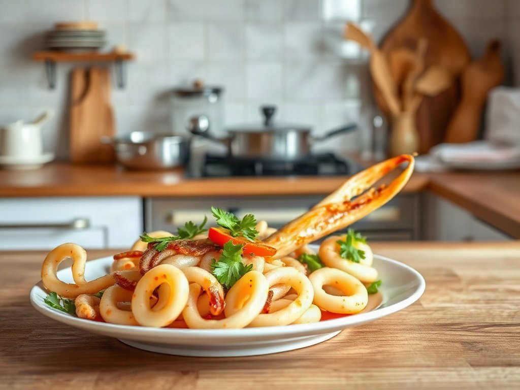 Bước 9: Hoàn thiện món ăn trên đĩa - bí quyết chiên mực ống giòn