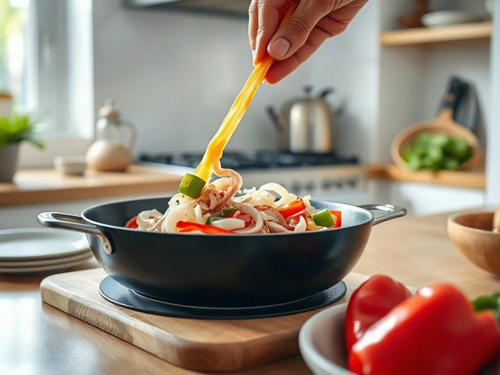 Bước 9: thêm hành tây và ớt vào chảo - mực tươi sống