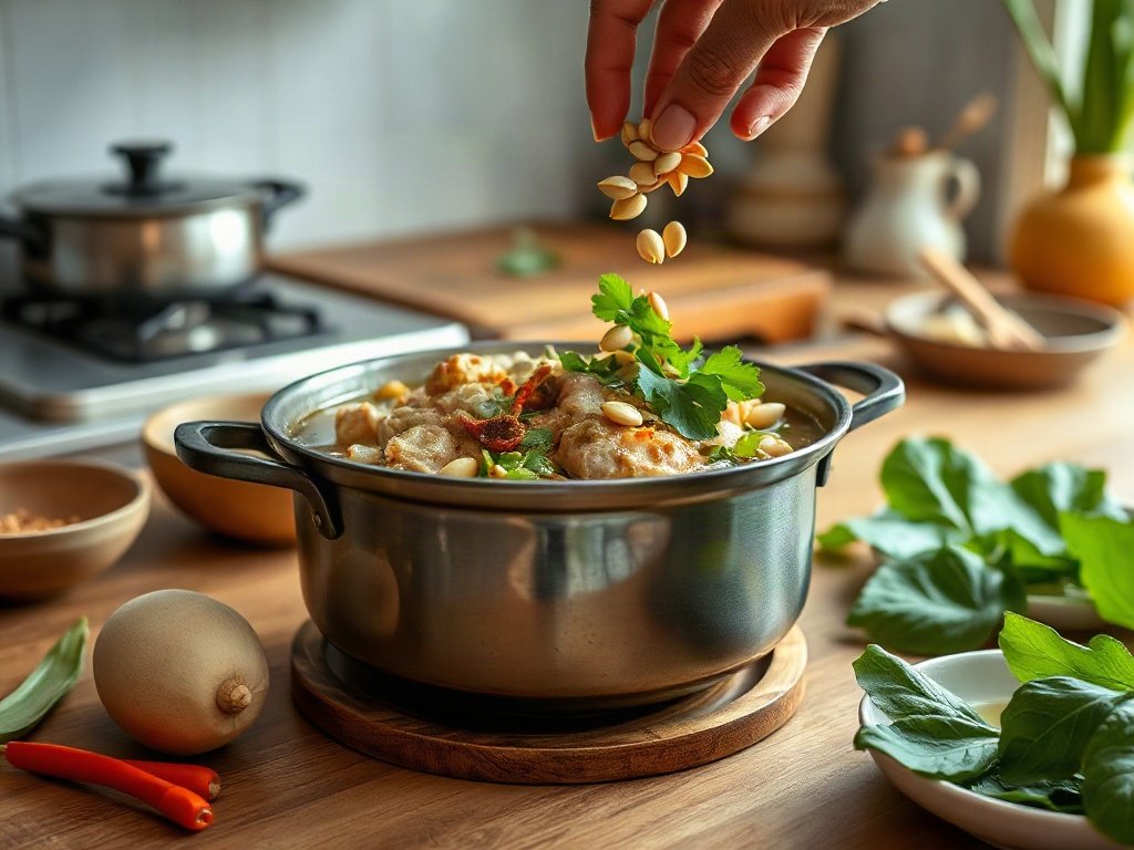 Bước 9: thêm hạt sen và rau củ vào nồi gà hầm thuốc bắc