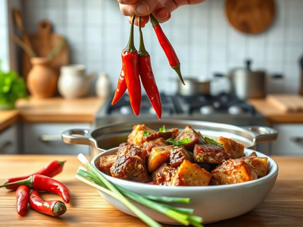Bước 9: thêm ớt hiểm và hành lá vào món kho