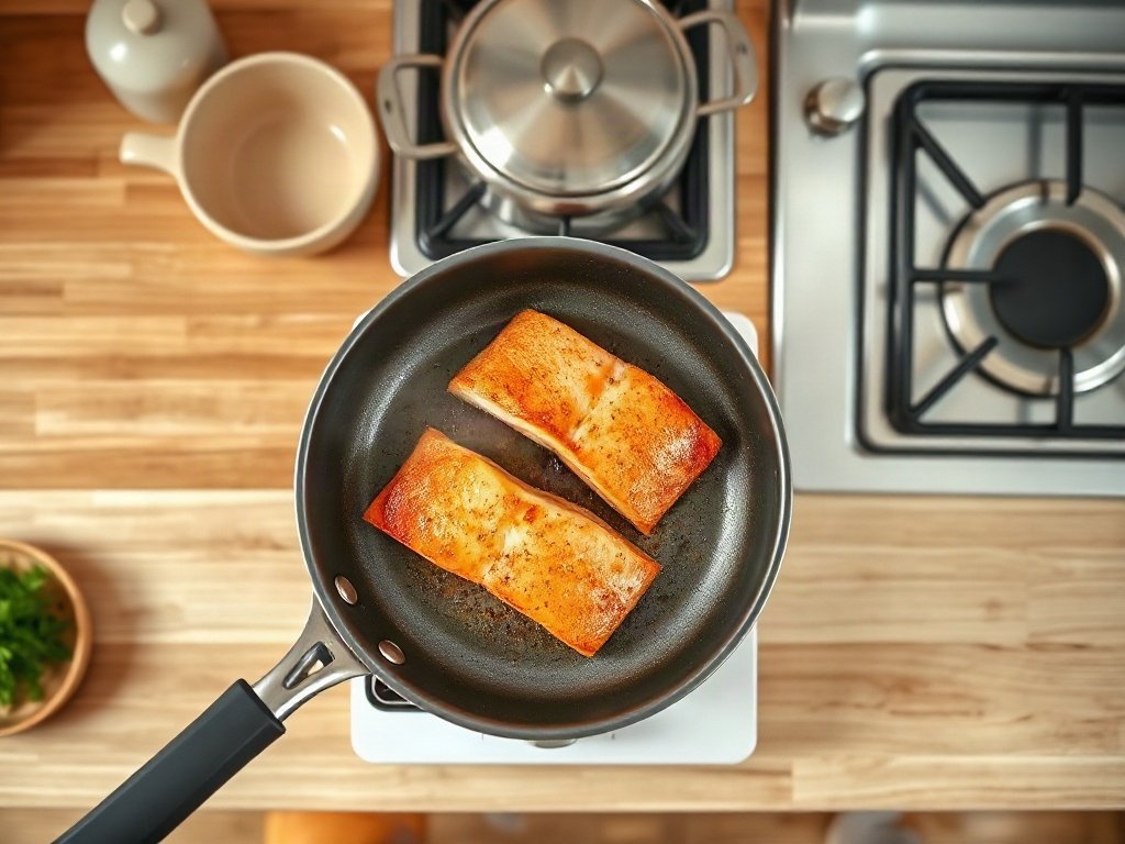Cá hồi được áp chảo trên bếp nóng