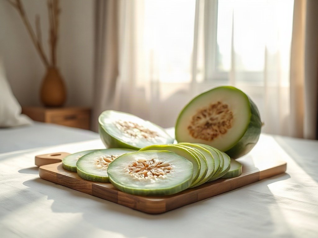 Các lát bí đao được chuẩn bị trên thớt