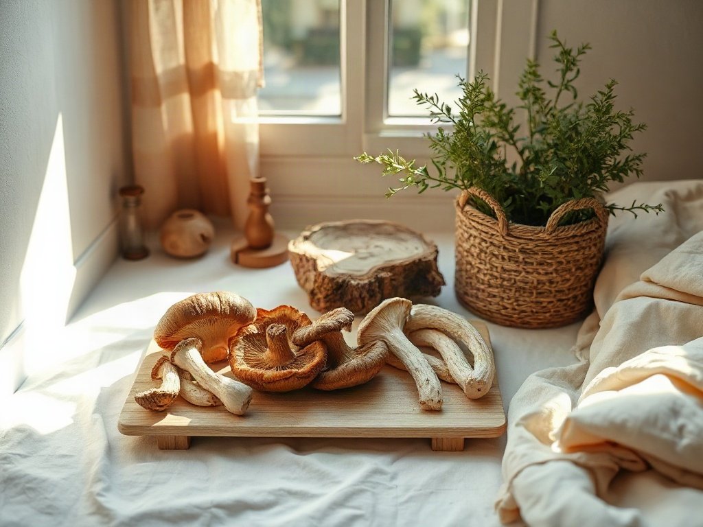 Các loại nấm như đông cô và kim châm trên thớt