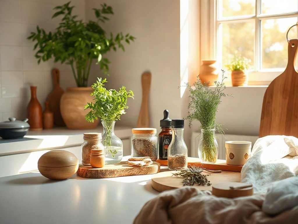 Các loại thảo mộc và gia vị trên bàn bếp hiện đại