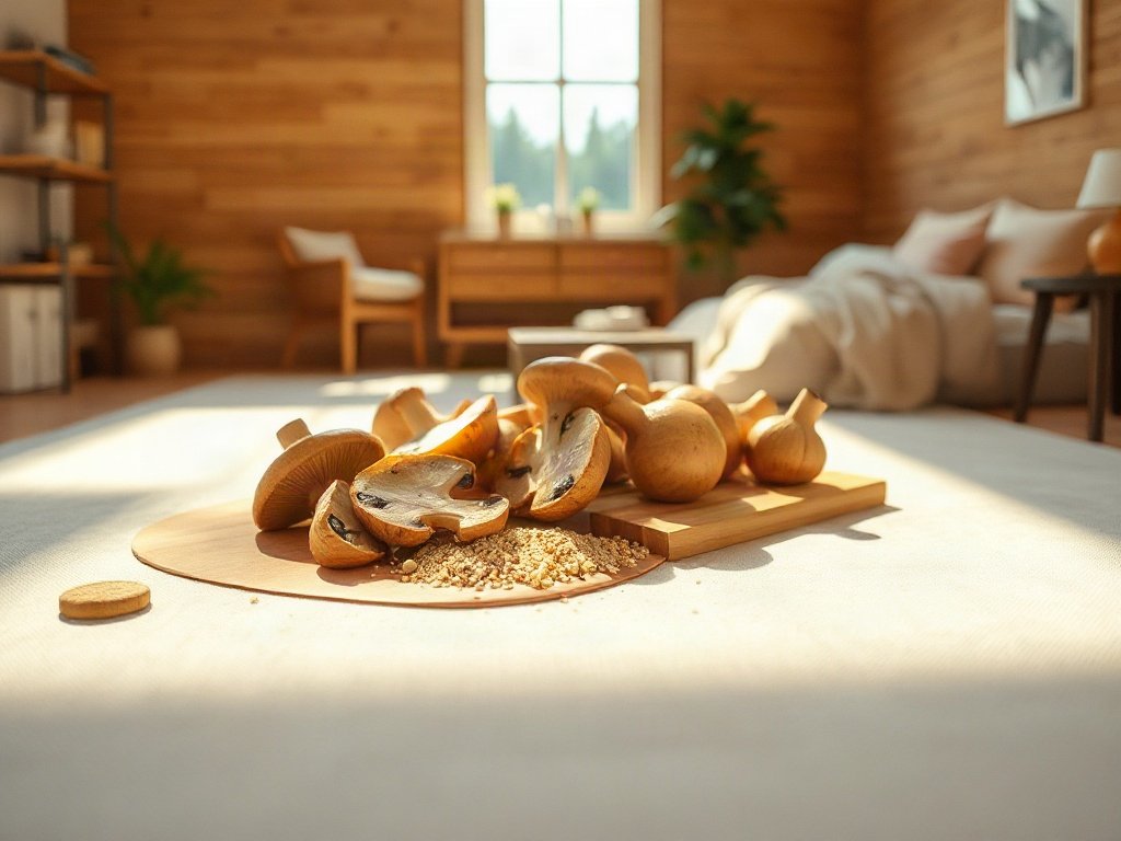 Cận cảnh nấm và gia vị bên ức gà sống