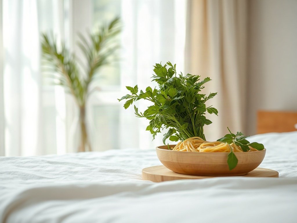 Cận cảnh rau thơm và sợi hủ tiếu sẵn sàng để nấu