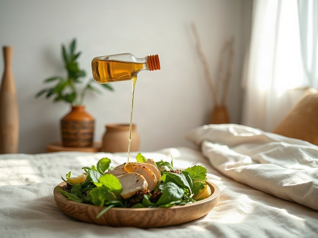 cận cảnh sốt dầu oliu và gia vị rưới lên salad gà