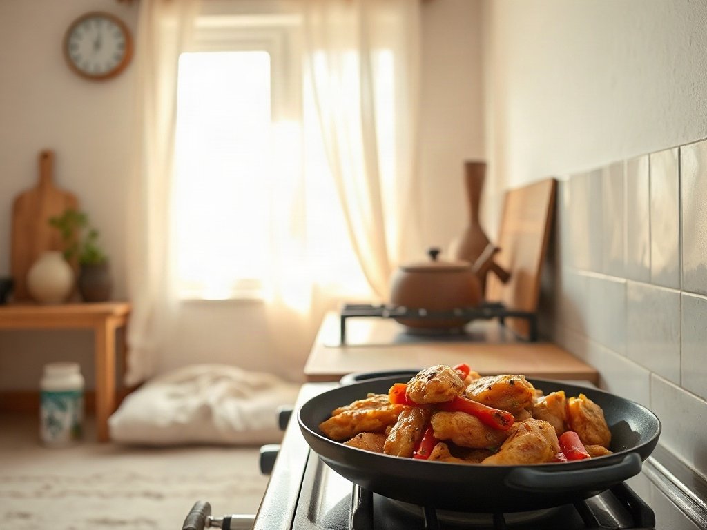 Cảnh bếp mộc mạc với gà chiên tỏi ớt trên chảo