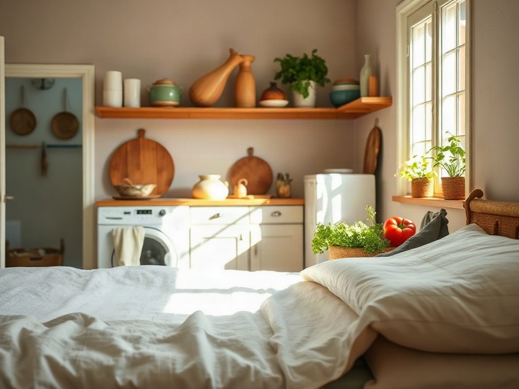 Cảnh nhà bếp sáng với nguyên liệu chay nổi bật