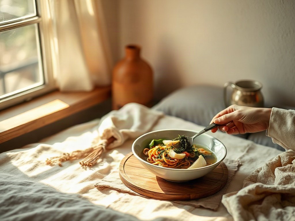 Canh rong biển bên cạnh mì xào giòn