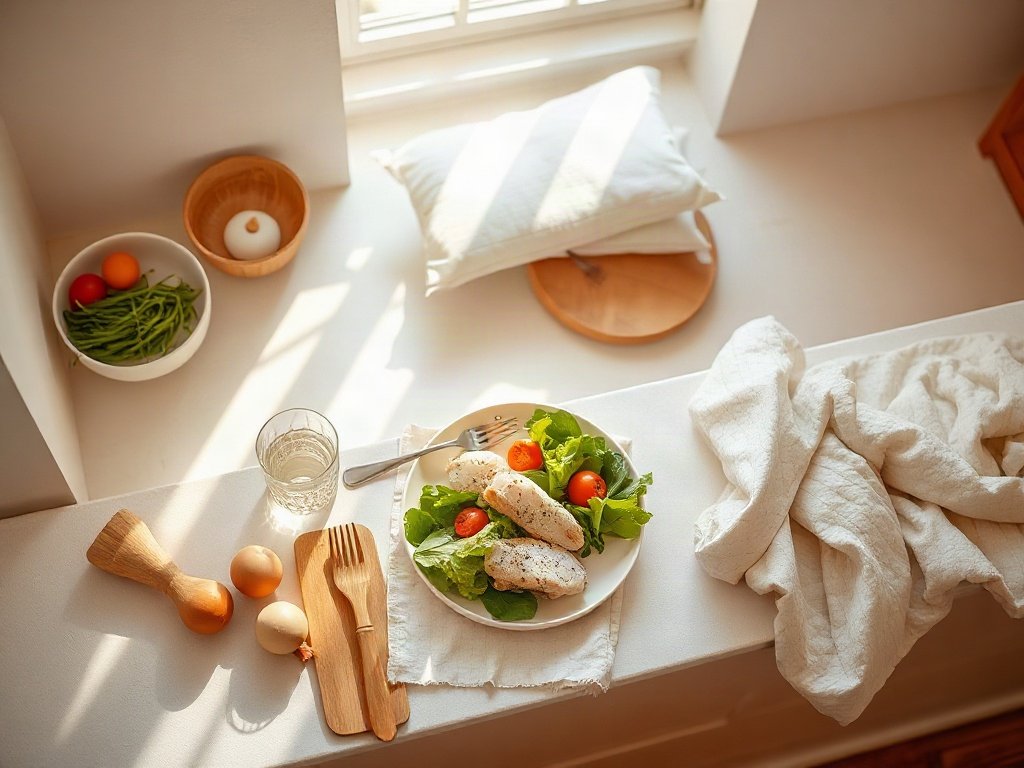 cảnh từ trên cao của bàn bếp với nguyên liệu salad ức gà