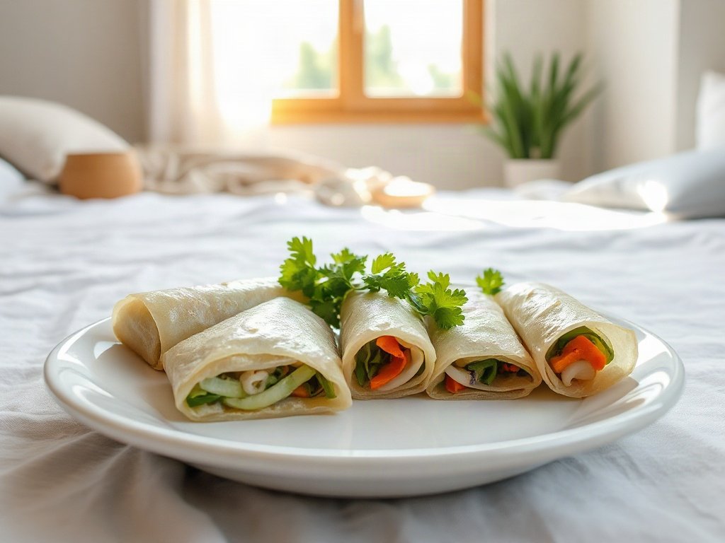 Chả giò chay trên đĩa trắng thanh lịch