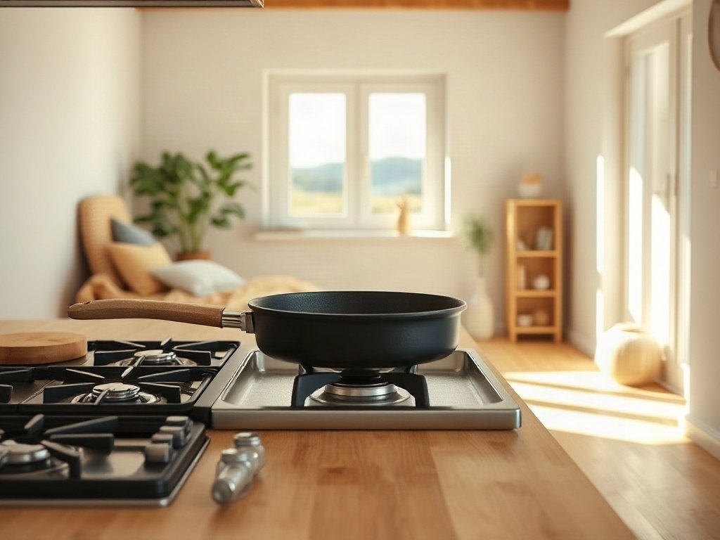 Chảo chống dính trên bếp với ánh sáng tự nhiên