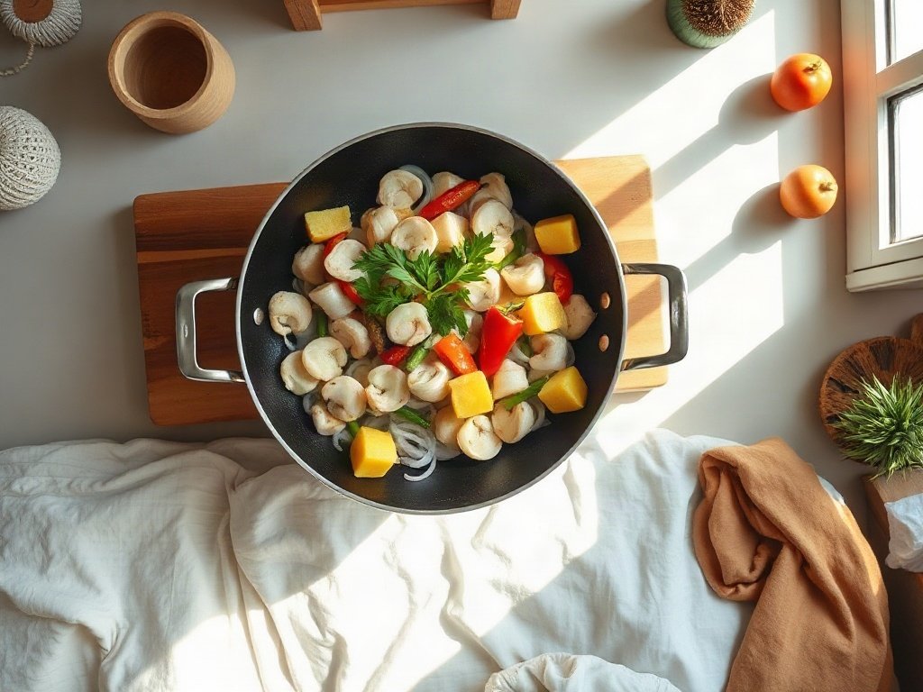 Chảo mực xào chua ngọt và rau củ tươi