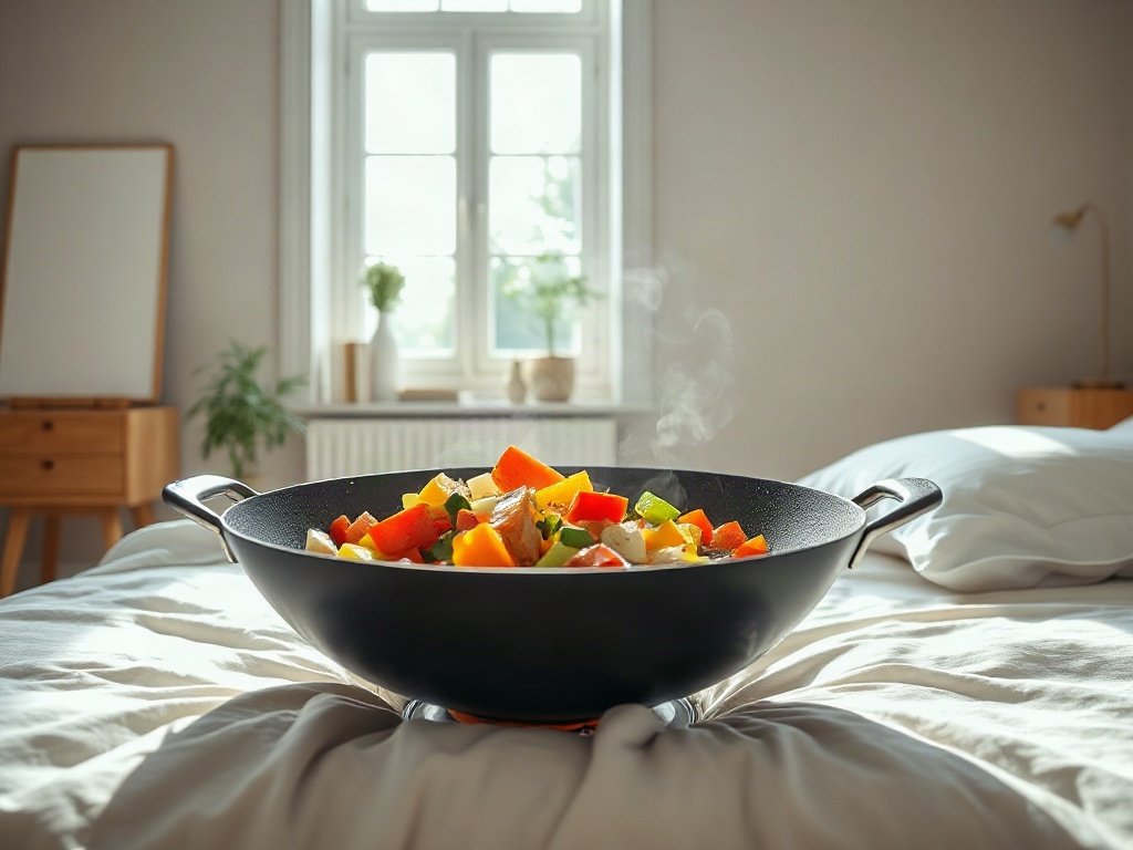 Chảo rau củ đầy màu sắc xào trên lửa lớn