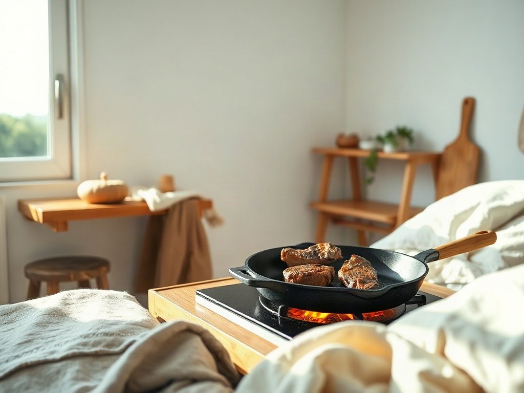 Chi tiết đang nấu bò trên chảo gang nóng