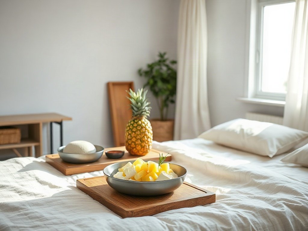 Chuẩn bị nấu ăn với đậu hũ và dứa tươi