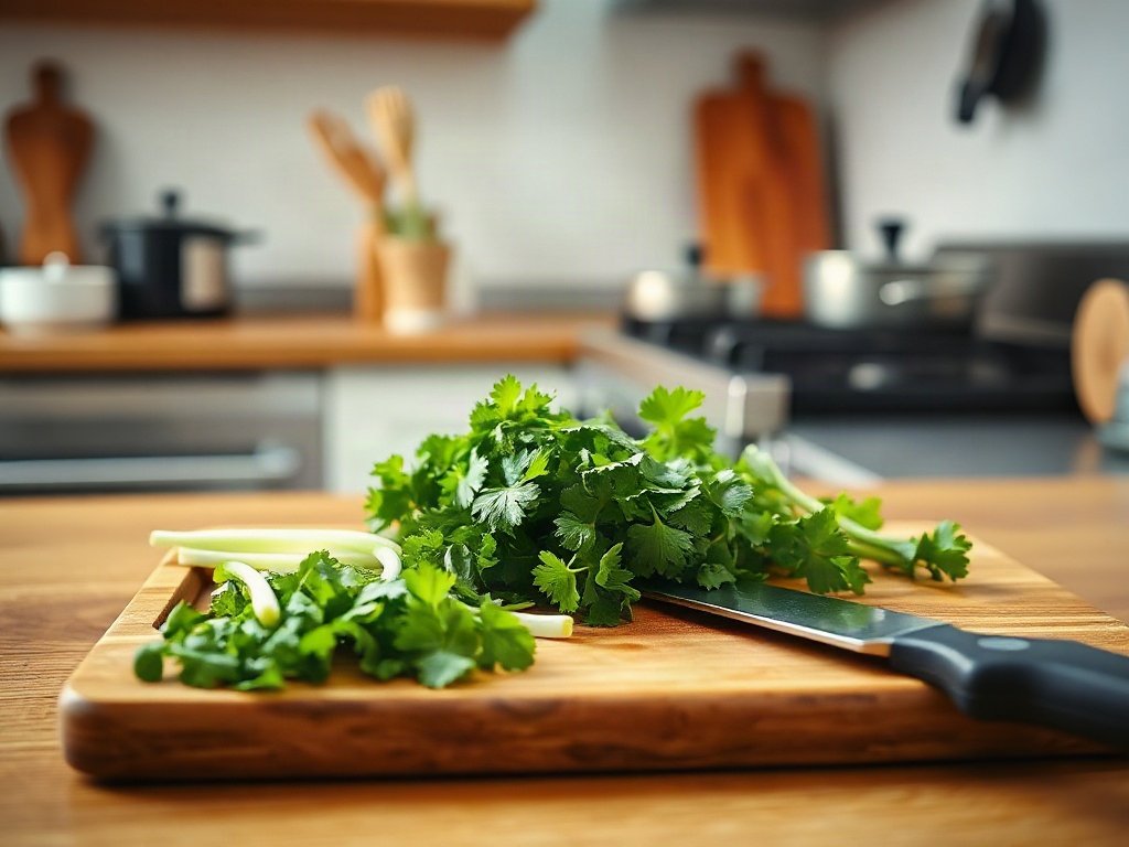 Chuẩn bị rau thơm trên thớt gỗ
