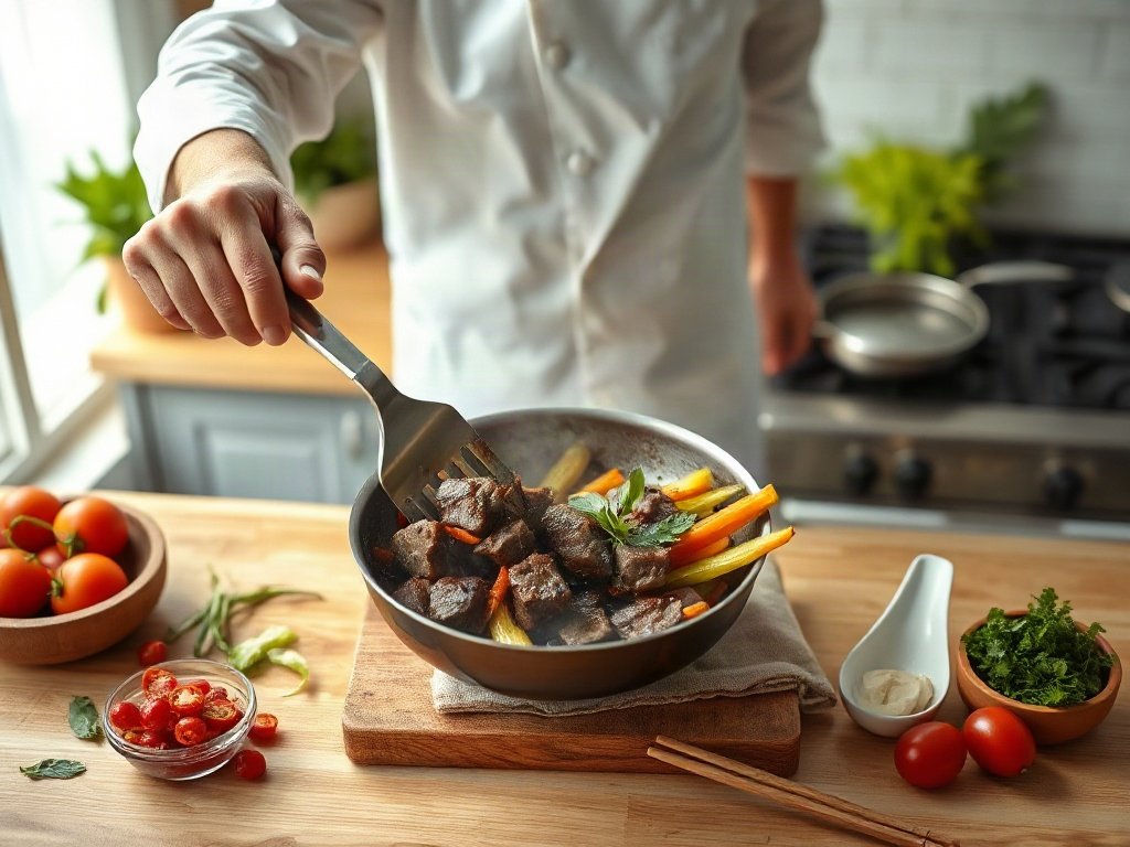 Đầu bếp đảo thịt bò và rau củ
