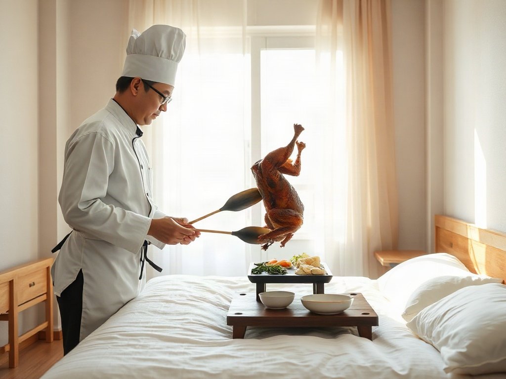 Đầu bếp đảo vịt trong quá trình quay truyền thống
