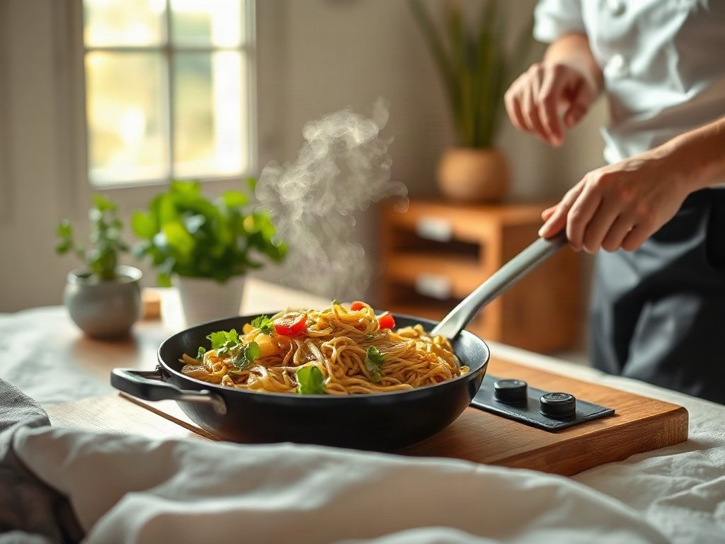 Đầu bếp thêm rau củ vào chảo xào mì giòn