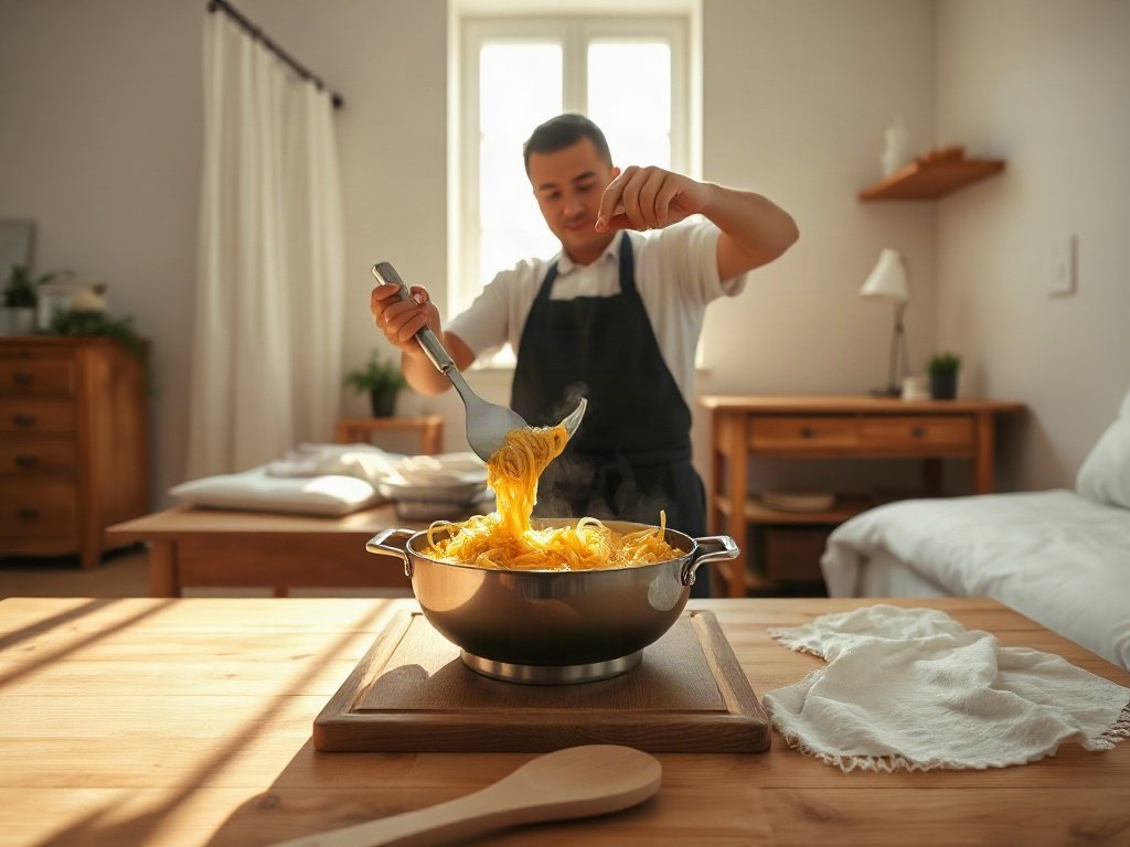 Đầu bếp trộn nước sốt bóng bẩy trên mì nóng hổi