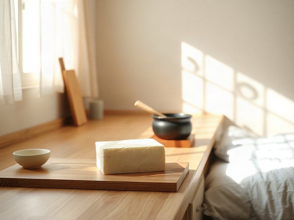 Đậu hũ trên bề mặt gỗ với dụng cụ nấu