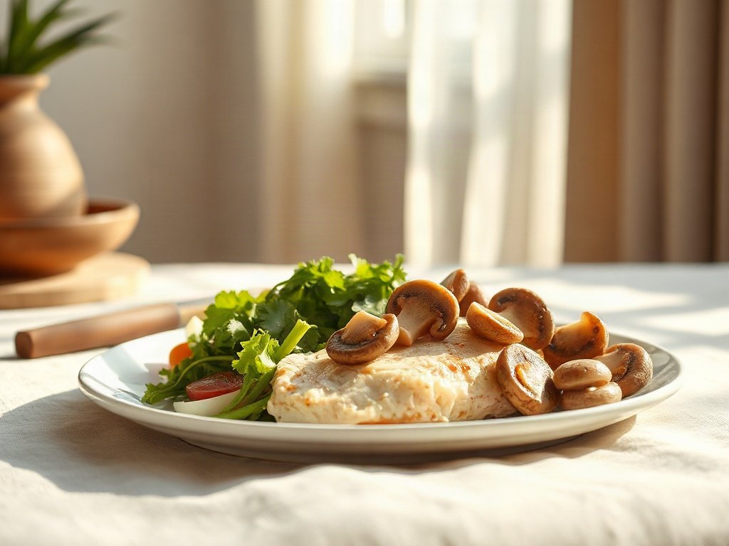 Đĩa ức gà hấp nấm kèm salad