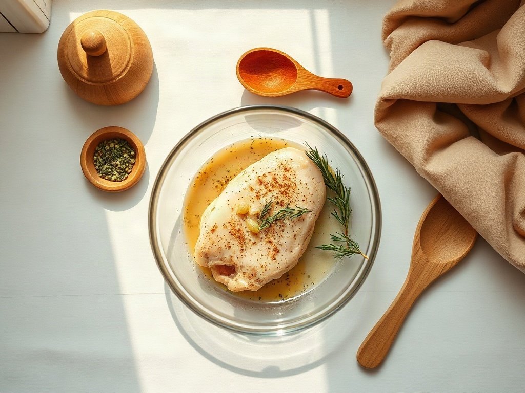 Gà ướp gia vị trong bát thủy tinh