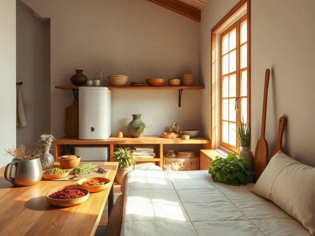 Gian bếp với gia vị và thảo mộc tươi