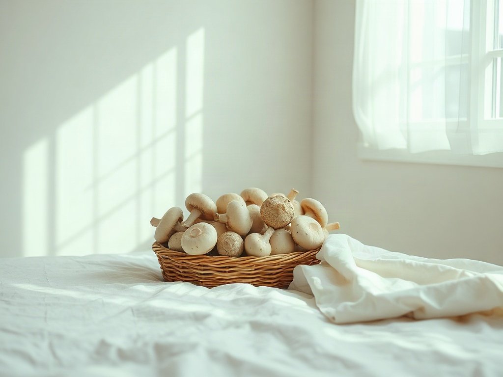 Giỏ nấm đa dạng, ánh sáng tự nhiên nhà bếp hiện đại
