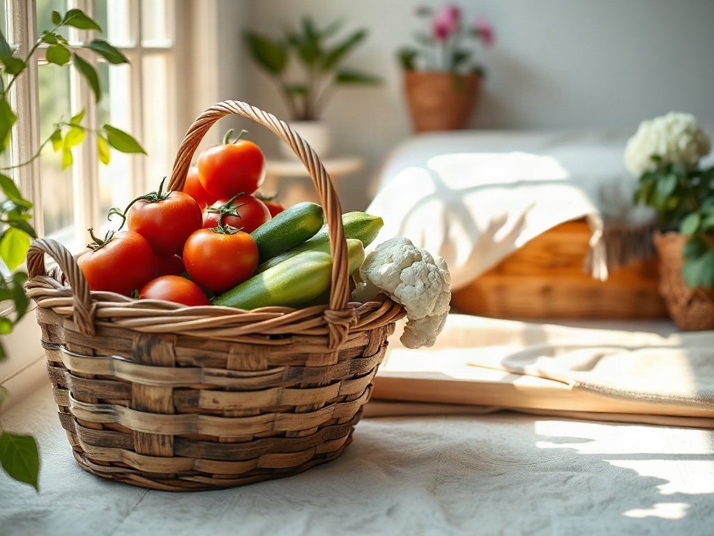 Giỏ rau vừa hái từ vườn đầy đủ sắc màu