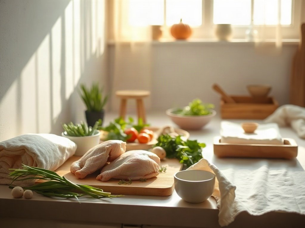Góc bếp chuẩn bị món gà hấp nấm