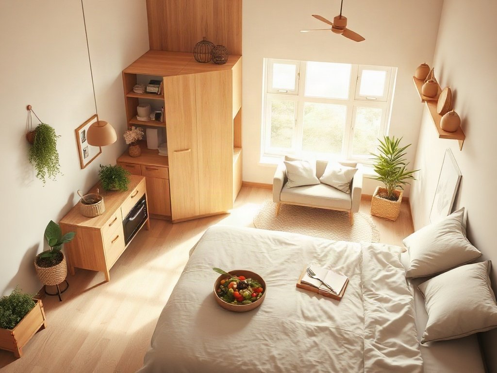 Góc nhìn xéo phòng bếp với món chay