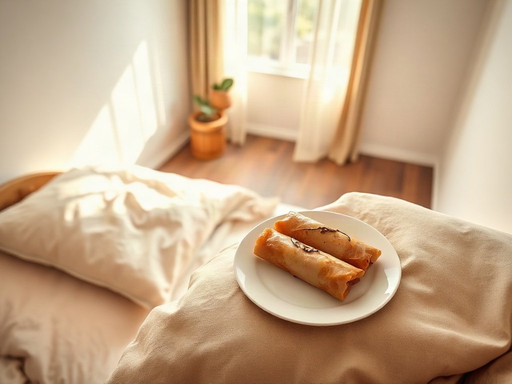 Gỏi cuốn được bày trên đĩa trắng, góc nhìn từ trên xuống
