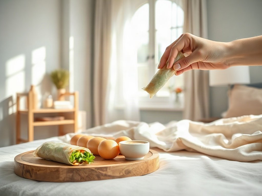 Gỏi cuốn tôm nhúng vào nước chấm nhẹ nhàng