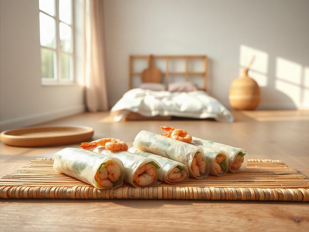 Gỏi cuốn tôm tươi ngon trên chiếu tre