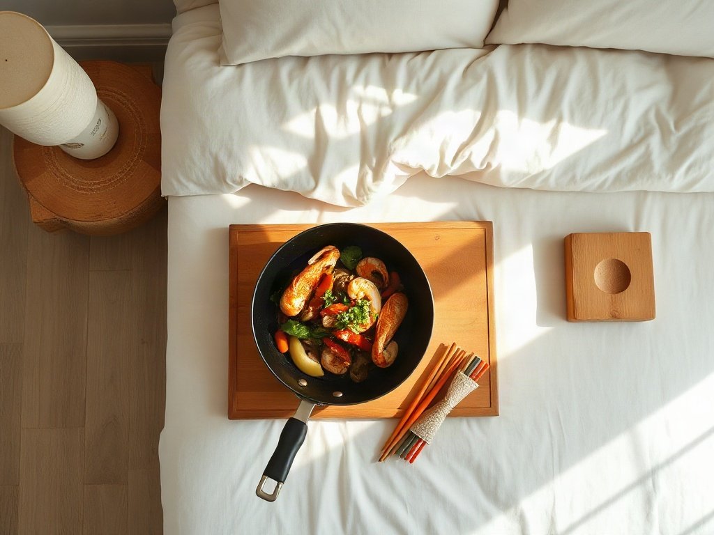 Hải sản xào trong chảo nóng cùng rau củ sặc sỡ
