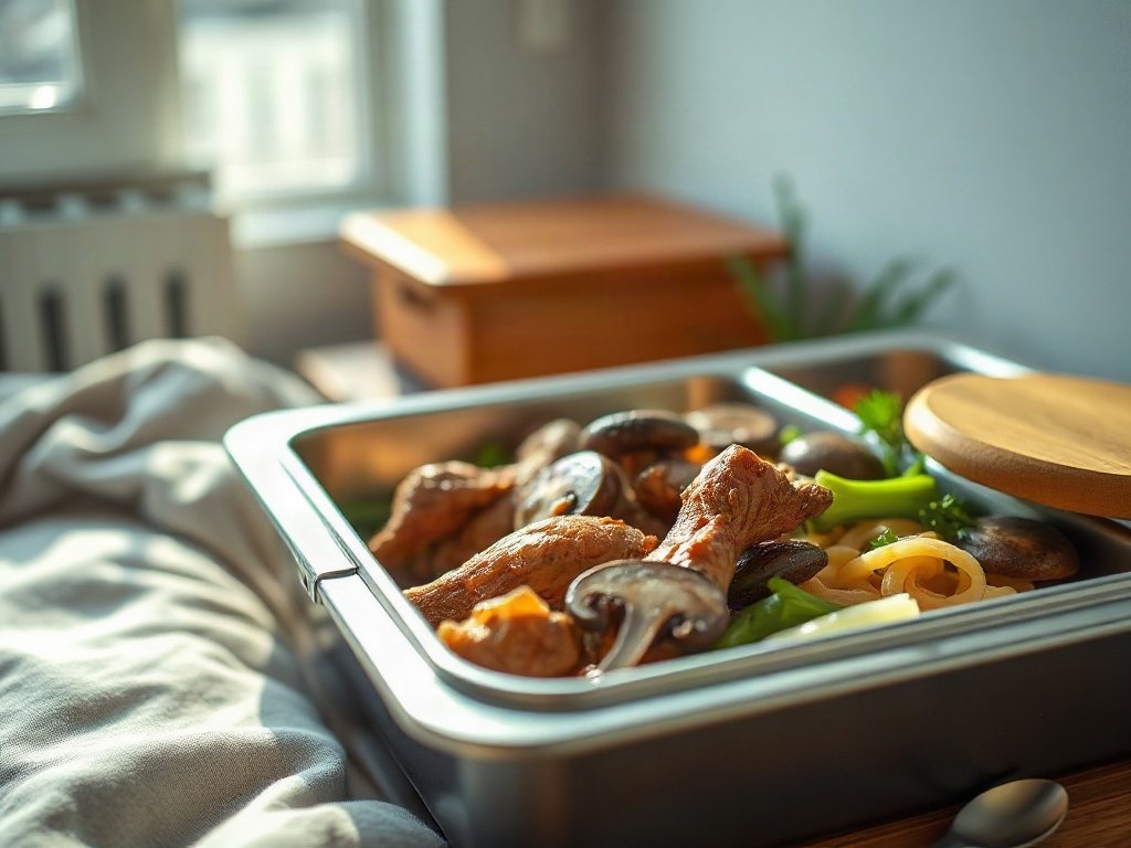 Hộp đựng bữa ăn với ức gà và nấm