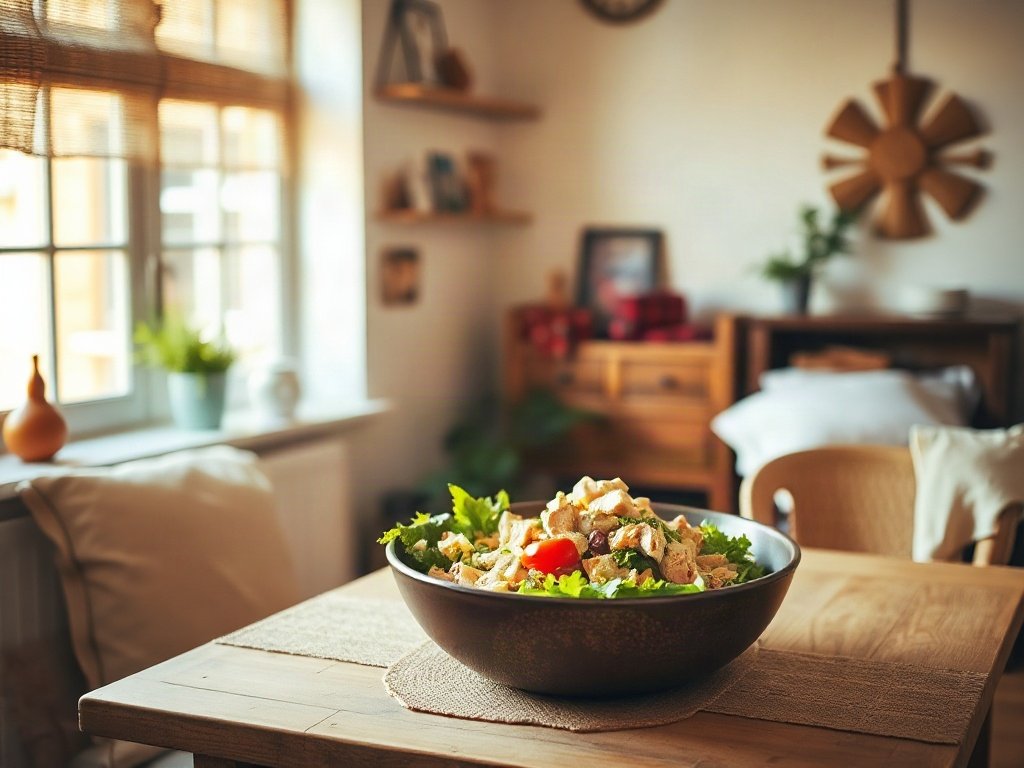 không gian ăn uống ấm cúng với bát salad gà lớn