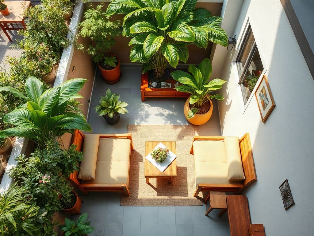 Khu vực sân vườn nhà hàng chay với cây xanh tươi tốt