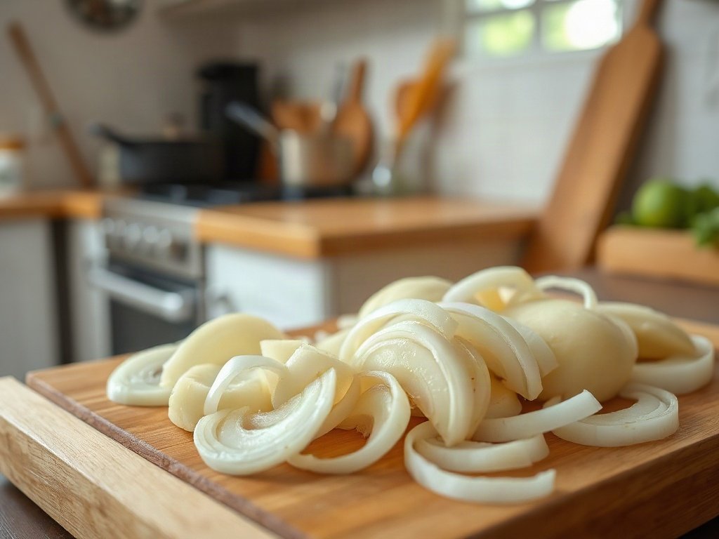 Lát khoai tây và hành tây trên thớt